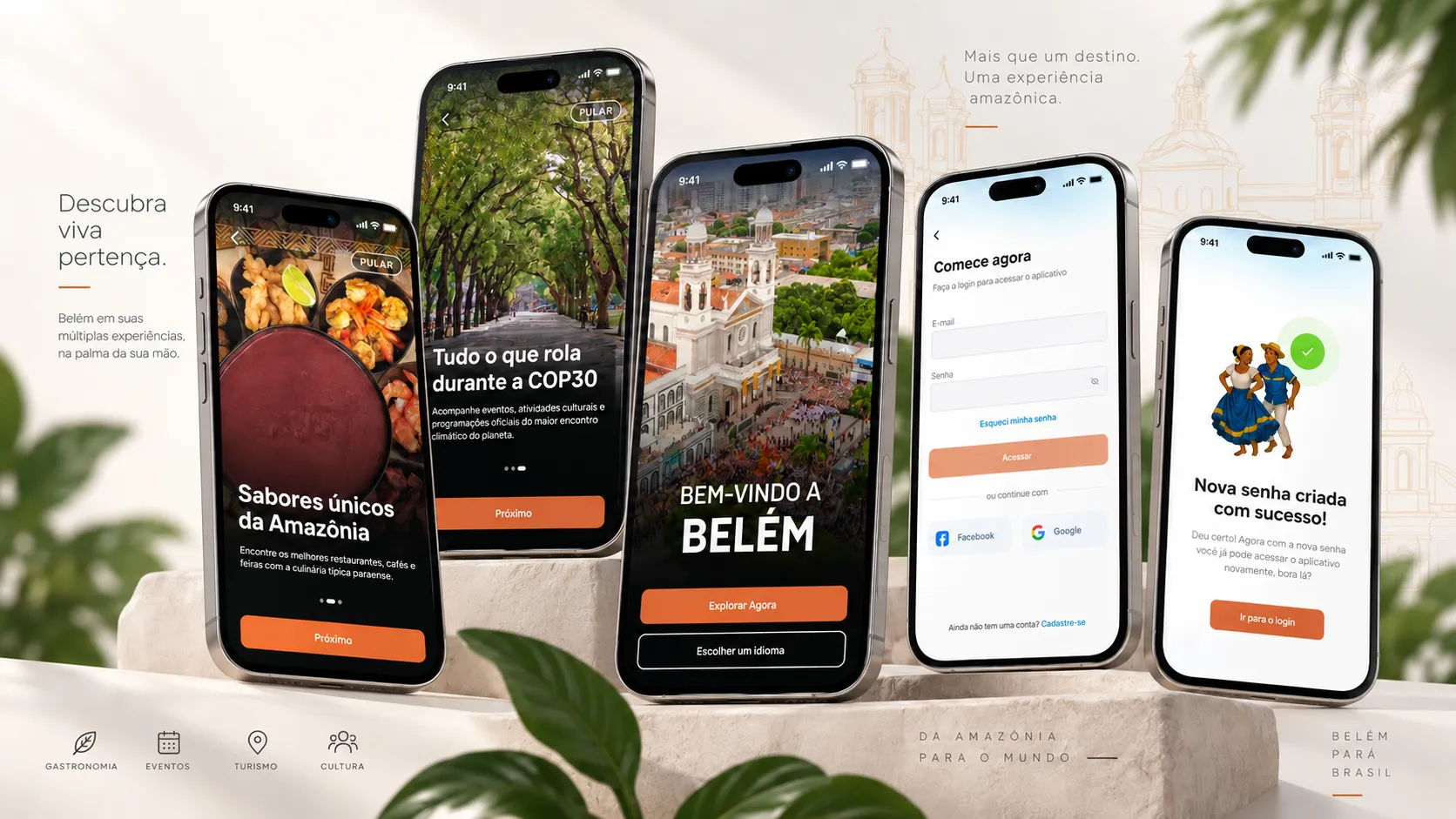Telas de onboarding, boas-vindas e autenticação do app Visit Belém exibidas em smartphones